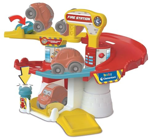 Clementoni Baby Fire Station, piste de voiture pour enfants 18 mois avec 1 machine basculante, stimule la manualité et les curiosités, jeu de petite enfance Made in Italy, Ligne Play for Future, 17559
