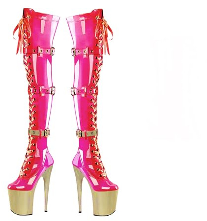 Denova's Bottes hautes à talons très hauts avec lacets pour femme, de 20,1 cm, avec fermeture éclair, pour la danse au-dessus du genou, 42.5 EU