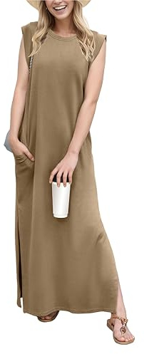GRECERELLE Summer Maxi Dress Wedding Guest Maternity Party Casual Shirt Elegant Sleeveless Dresses for Ladies with Split and Pockets (Brown,M)