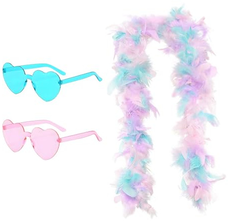 Suupii 3 PCS Colorful Feather Boas Set, Aesthetic Feather Boa with Heart Shaped Sunglasses, Durable Festival Wear, Suitable for Dance Performances and Celebrations