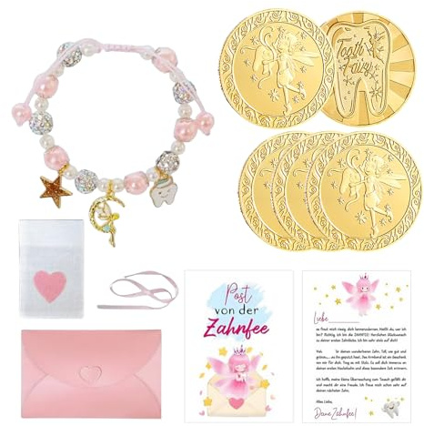 Monedas De Hada De Los Dientes, Pulsera De Perlas Para Dientes De Leche, Regalos Para Hada De Los Dientes Para Niñas, 5 Monedas Doradas De La Suerte Y Pulseras De Colores Para Niños Con Dientes Perdid