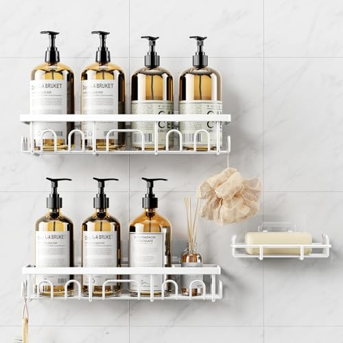 Deyhoc 3 Pezzi Acciaio Inossidabile Antiruggine Mensola Doccia senza Foratura, Accessori Bagno senza Forare, Autoadesivo Mensole Bagno Organizzatore, Bianco