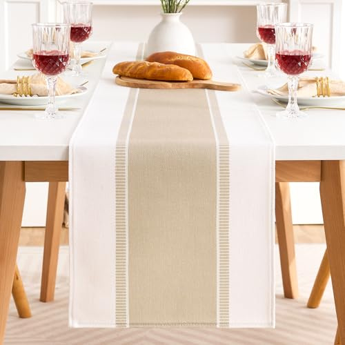 Runner Beige da Tavolo con Ampie Strisce Beige in Misto Cotone e Lino 40x140cm, Runner Tavola Centrotavola Moderno Design, Tovaglia Rettangolare Campagnolo per Tavolo da Pranzo, Credenza Ecc