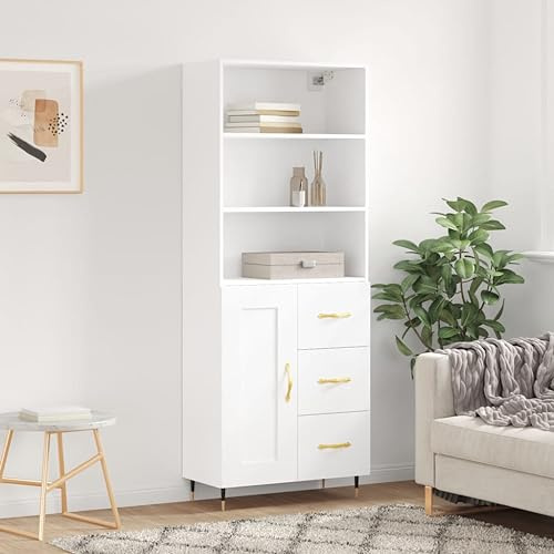 Highboard Bianco 69,5 x 34 x 180 cm Armadio in legno con piedini in metallo e supporto da parete – Spazio per mobili elegante e organizzazione