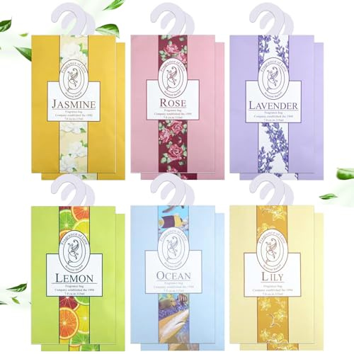 Omnikryp Sachet Parfumé Armoire, Parfum de Garde Robe avec Crochet, Air Fresheners for Drawer, Répulsif Mites, pour Tiroirs, Armoires, et Garde Robes, 12 sachets, 6 parfums