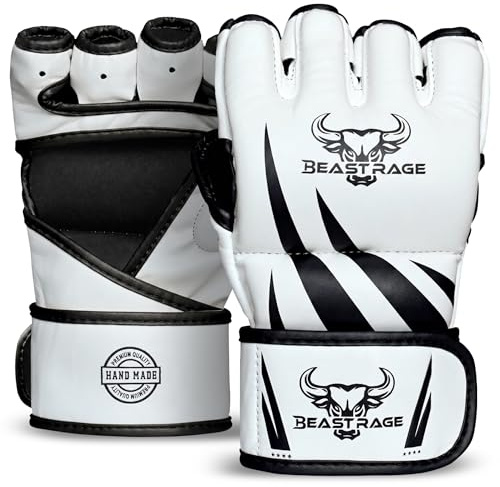 BEAST RAGE-Guanti da MMA realizzati a mano,di alta qualità,durevoli,con palmo aperto,per BJJ,UFC, Sparring e kickboxing,forte supporto per il polso (Bianco/Nero, S/M)