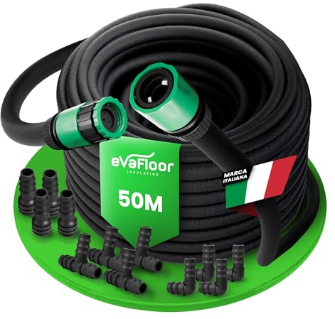 EVAFLOOR Manguera de riego Exudante Porosa 50 m | Riego por Goteo Uniforme con Ahorro de agua | Ideal para Jardín, Huerto y Setos | Incluye Kit de Conectores