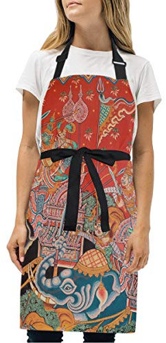 Sawhonn Arte De La Pintura De Mura Nativo Tailandés Delantal de Cocina con 2 Bolsillos Delantales Cuello Ajustable Cocinero Camarero Delantal Chefs para Cocinar Hornea Barbacoa