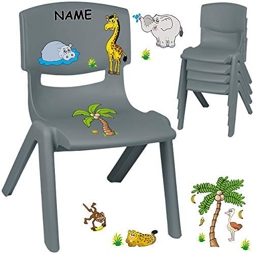 alles-meine.de GmbH Kinderstuhl/Stuhl - Motivwahl - grau - anthrazit + Sticker - Zootiere & Giraffe - inkl. Name - Plastik - bis 100 kg belastbar/kippsicher - für INNEN & AUß..