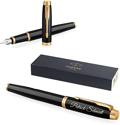 Parker IM Core Füllfederhalter mit Gravur | Premium Stift | Geschenkbox | blaue Tinte | personalisiertes Geschenk | Namen | graviert | Füller | Jahrestag | Geburtstag (Black Lacquer G.C.)