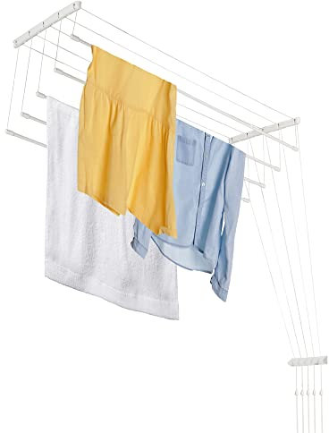 KADAX Stendibiancheria da Soffitto in Acciaio Rivestito in Polietilene, Stendino con Design Salvaspazio e Capacità di Carico di 10 kg (Bianco, 5 x 100)