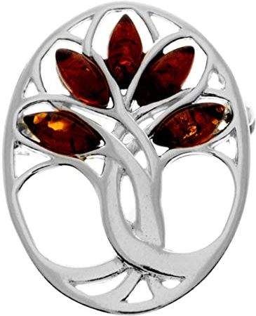 Broche de plata de ley 925 y ámbar báltico auténtico, diseño de árbol de la vida GL824, Plata esterlina, Ámbar