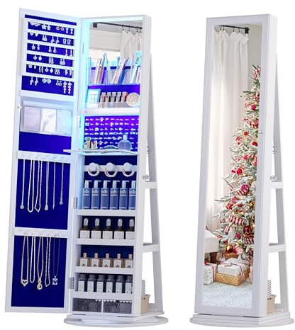 Lvifur Spiegelschrank mit Beleuchtung, Schmuckschrank mit LED Spiegel 160 CM Ganzkörperspiegel Abschließbarer Aufbewahrung Mehrere Fächer Abschließbar 360-Grad-Drehung