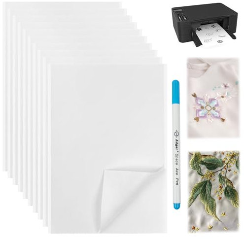 10 Stück Bedruckbare Stickerei Papier, Selbstklebend Wasserlöslich Stickfolie, Wasserlösliches Stickvlies mit Stift, A5 Wasserlöslich Stickfolie für DIY-Stickerei & Maschinenstickerei