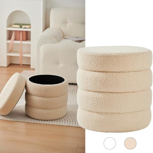 Zedelmaier Runder Teddy Hocker mit Stauraum - Sitzhocker, Schminktisch & Aufbewahrungshocker für Wohnzimmer, Schlafzimmer & Kinderzimmer (Beige)
