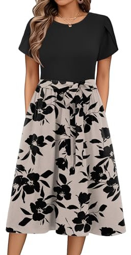 Zeagoo Schicke Damenkleidung Damen Kleider Sommer Rundhals Blumenmuster Strandkleid Casual Wickelkleid mit Taschen Elegant Swing Kleid Knielang Kurzarm A Linie Business Kleider Florale XXL