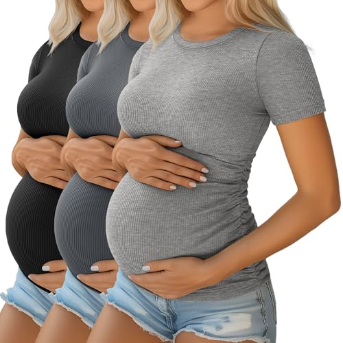 Ficerd Pacco da 3 Maglie maternità Donna in Cotone: Top Gravidanza a Maniche Corte, con Pieghe Laterali e Tessuto a Costine(Grigio Scuro, Grigio Chiaro, Nero,S)