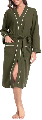 Vlazom Waffle Dressing Gowns Unisex Kimono Robe Cotton Lightweight Bathrobe for All Seasons Spa Hotel Sleepwear, Olive, L