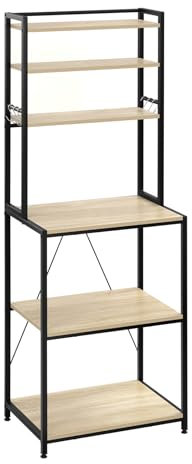 WOLTU Küchenregal stehend mit 6 Ablagen, Standregal Küche mit 6 Haken, Bäckerregal aus Metall & Ingenieurholz, Mikrowellen Regal für Wohnzimmer, 60 x 167 x 40 cm, Hell Eiche+Schwarz