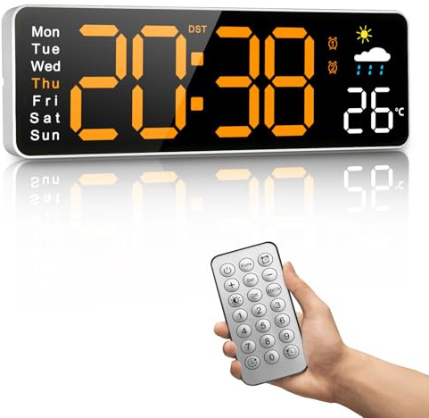 PiKaPiKaP Digital Wall Clock, 12 Digital Clock with Remote Control, Weekly Time and Temperature, Weather Report, Timer, Auto-dimming, for Living Room/Classroom/Gym/Church/Shop/Garage