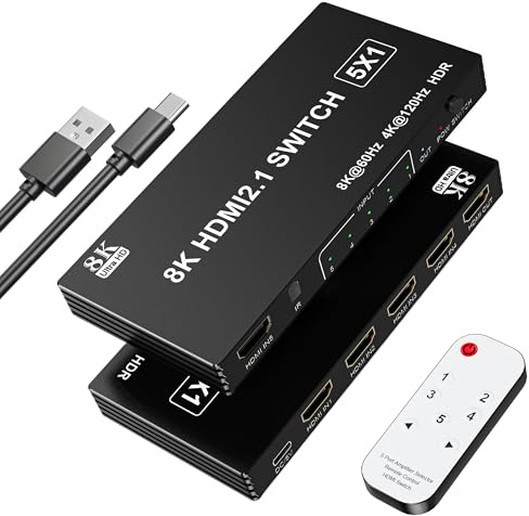 Switch HDMI 2.1 8K 60Hz 4K 120Hz, 8K Switch HDMI 5 Ingressi 1 Uscita con Telecomando IR, Selettore Hub a Selezione Automatica 5 Porte Supporto 8K 60Hz 48Gbps VRR HDCP2.3 HDR10 per Xbox Series X PS5