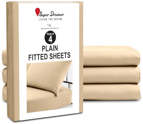 GC GAVENO CAVAILIA Microfiber Fitted Sheet King Size - 4 Pack Plain Bed Sheets - Deep Pocket 10 inch (25cm) - Shrinkage, Fade & Wrinkle Resistant Bottom Sheet Fit to Mattress (152x203 cm) - Beige