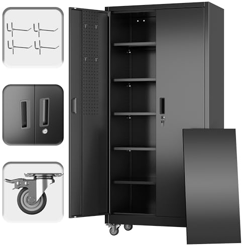 Reemoon Metal Storage Cabinet with Wheels and Pegboard, 71 Tall Garage Storage Cabinet with 5 Adjustable Shelves and Locking Doors, Heavy Duty Steel Utility Cabinet for Office