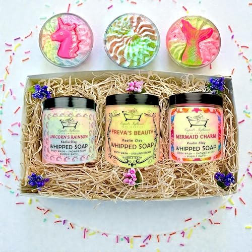 Mythical Whipped Soaps Gift Set | Luxurious Kaolin Clay Body Wash | Gift Set For Her | Seasonal Gifts | Freya's Beauty, Unicorn's Rainbow & Mermaid Charm Whipped Soaps | Set of 3 | Bubble Bath