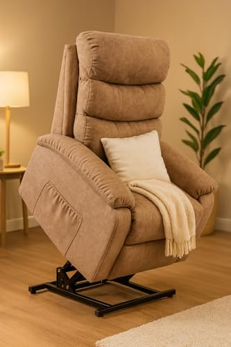 ZANGELI Riser & Recliner Chair for the Elderly – Brown Fabric Power Lift Chair with Remote Control, Side Pockets & Assisted Stand Function