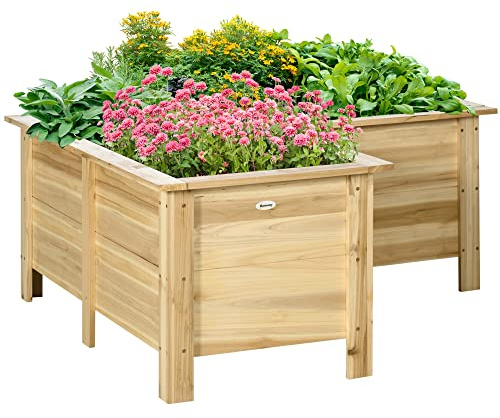 Outsunny Jardinera Elevada de Madera, Macetero Exterior en Forma de L con Tela no Tejido, Huerto Urbano para Cultivos de Plantas, Flores en Terraza, Jardín, 120x120x50 cm, Natural