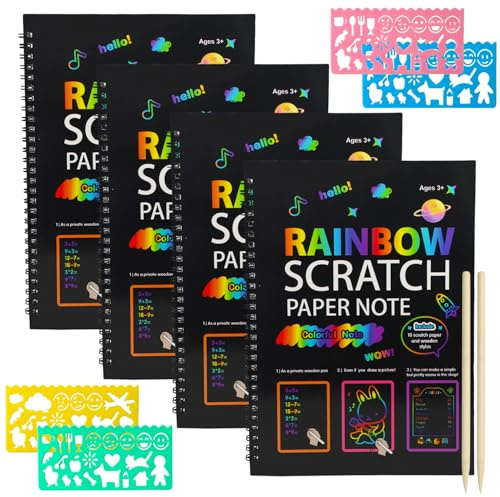 KMFYMPT Scratch Art, 32 fogli di carta da grattare arcobaleno, 8 modelli di tavola da disegno, 4 penne in legno, adatte come riempitivi per sacchetti per feste, ideali per arti e mestieri