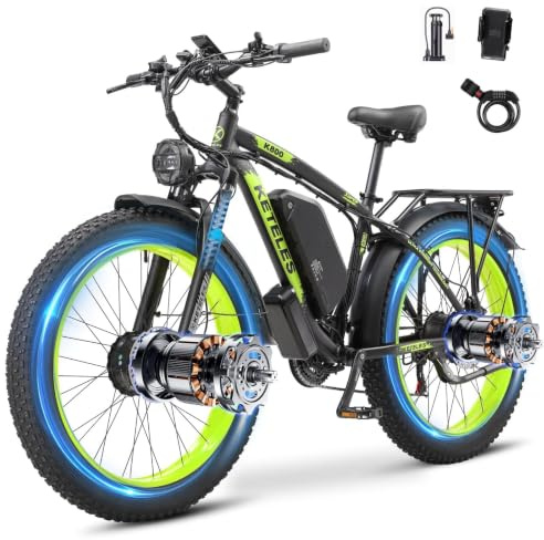 Dual Motor Electric Mountain Bike for Adults, 52V 32AH Up to 160KM Long Range E Bike, Dual Hydraulic Brakes, 26 Fat Tire 21-Speed Electric Bicycle for Off-Road, Commute, Cargo (Black and Green)