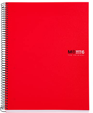 Miquelrius - Mikroperforerad spiralanteckningsbok, ogenomskinligt polypropenomslag, A4-storlek 210 x 297 mm, 4 hål, 150 ark på 70 g/m² och 6 färgränder, 5 mm rutnät, Röd