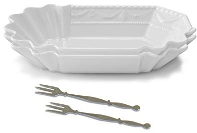 KPM Berlin KURLAND Currywurstschalen-Duo-Set mit 2 Piekern, Porzellan, Schalen-Set, Pommesschalen, handmade, weiß