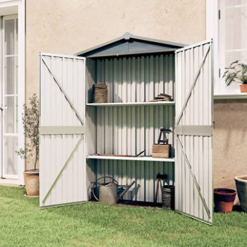 Metall Gerätehaus mit Regalen & Schräge Dach, 107,5x46x183 cm Geräteschuppen Gartenhaus Schuppen Verzinkter Stahl Gartengerätehaus Geräteschrank für Garten