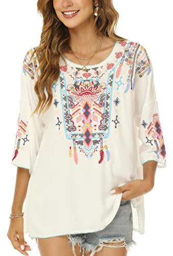 LauraKlein Women's Boho Mexican Embroidered Tops for Women 3/4 Sleeve Shirts Peasant Casual Loose Summer Fall Tunics Blouse (White-XL)