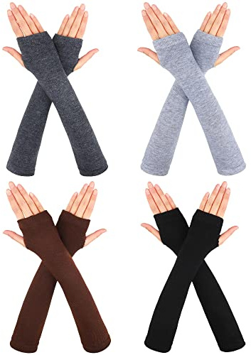 4 Pairs Women Winter Long Fingerless Gloves Knitted Arm Warmer Long Arm Sleeves Elbow Length Gloves Thumb Hole Stretchy Mittens(Stylish Color)