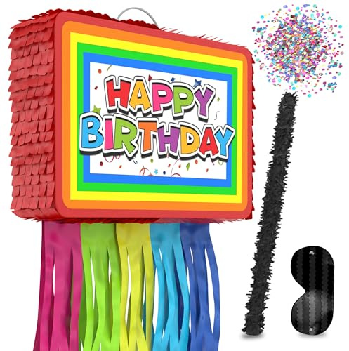 Jergrim Birthday Piñata 4-Piece Set great for Boy, Girl, and Adult party. Happy Birthday Decorations, fun & unique style, fits candy party favors (16”X11”) Durable!
