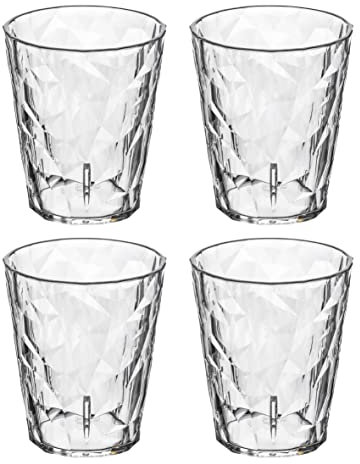 Koziol Superglas Club No. 1, 4 Stück, 250 ml, Wasserglas aus kristallklarem Kunststoff, luxuriös, unzerbrechlich, wiederverwendbar, Party, Camping, 4er Set