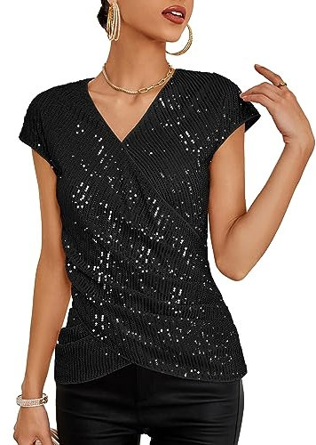 GRACE KARIN Women Glitter Top Party Sparkly Cami Top Sparkling Sequined Vest Top Surplice V-Neck, Color: Black, Size: XL