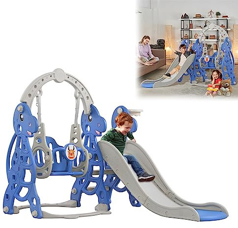 XMTECH 4 in 1 Kinder Rutsche Indoor und Outdoor, Faltbar Kinderrutsche Spielset - Kinderschaukel Rutsche Basketballkorb Ladder, Gartenrutsche Kleinkinderrutsche Babyrutsche,Mit Schaukel Typ B