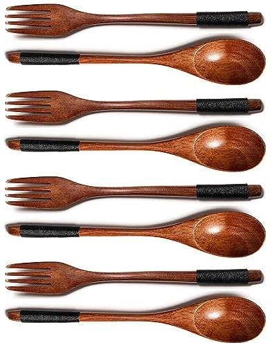 8 Pezzi Posate Legno, Cucchiaio Legno Cucina, Forchette, Cucchiaio Legno, Cucchiaino Lungo, Posate Manico Legno, Manico Lungo, Stile Giapponese, Per Campeggio, Cucina All'Aperto, Cena, Marrone