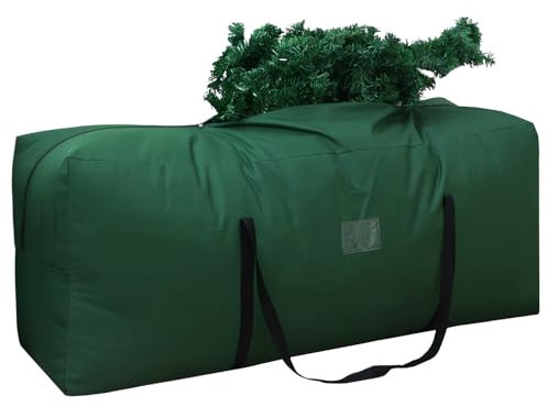 Heavy Duty 600D Oxford Waterproof Xmas Tree Sack - Green with Handles, Dual Zippered Card Slot, Decoration Organiser for Holiday, 135x40x50cm