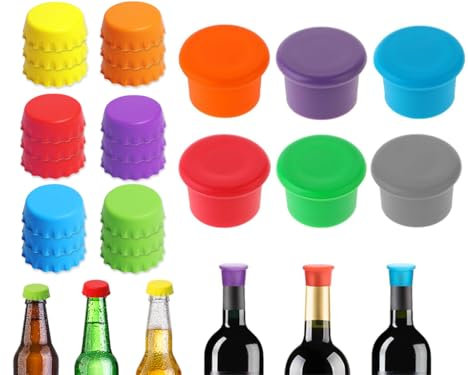 Abiyou 24 Pezzo Tappi per Bottiglia in Silicone, Tappi Bottiglie de Colore, Tappo di Bottiglia Riutilizzabili, Tappi per Bottiglie di Vino, Universali Tappi per Birra, per Birra, Bottiglie di Vetro