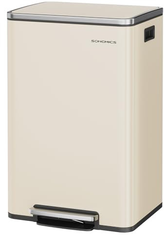SONGMICS Poubelle de Cuisine 50 L, avec 15 Sacs Poubelle, en Acier, Seau Intérieur Amovible en Plastique, avec Couvercle, Poignées, Fermeture en Douceur, Couleur Crème LTB595A02