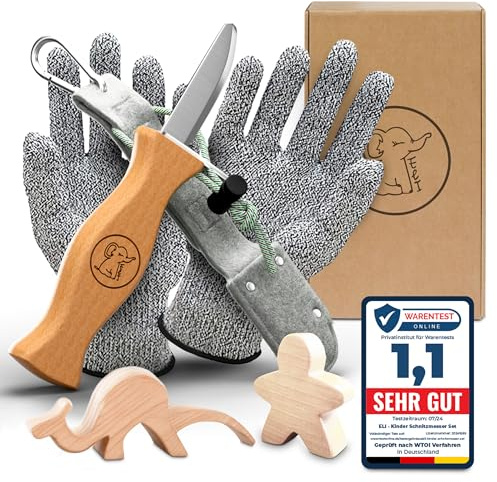 Eli® Couteau de sculpture pour enfant à partir de 6 ans - Avec sac en feutre - Kit de sculpture de qualité supérieure avec gants résistants aux coupures