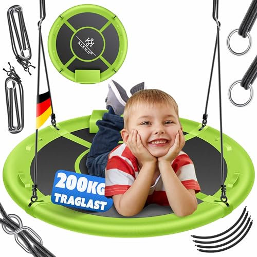 KESSER® Balançoire Nid Balançoire Ronde Diamètre 60cm Charge 200kg avec Coussin et 4 Poignées Réglable Balançoire Enfant Intérieur Extérieur pour Enfants et Adultes Vert