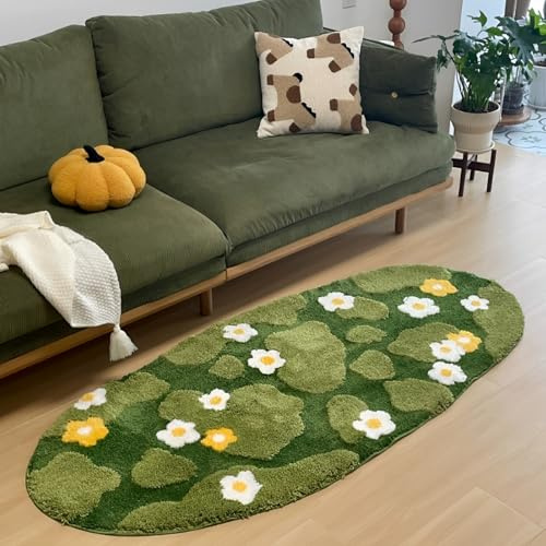 Tapis Antidérapant de Bain Doux Moelleux Poils Longs et Courts Lavable en Machine,Couvre-Sol Absorbant Dorso en TPR Pour Toilette,Cuisine,Porte D'Entrée,Tapis Vert pour Chambre,Salon,Chevet,50x100CM