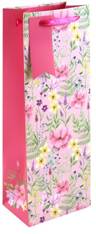 Pink Floral Bottle Gift Bag – 35cm Paper Bag with Pink Ribbon Handles & Hot Pink Name Tag – Elegant Wine, Champagne, Prosecco Gift Wrap