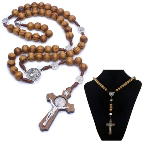 YUVKIN Collier Chapelet Catholique en Bois Naturel avec Croix et Médaille de Jésus-Christ et Saint Benoît, Prières, Communion, Baptême, Messe, Bible, Accessoire Religieux pour Chrétiens Catholiques